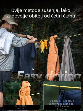 Vanjski konop za rublje za kampiranje, prijenosni viseći konop za pohranu s kopčama, putni hotel, uže za sušenje bez bušenja, otporno na vjetar