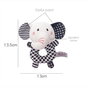 Nova crno-bijela okrugla ručno pokretana dječja zvonceta, ručno izgrebana zvonceta, životinja koja zvoni, papirnata plišana igračka u obliku slova O.
