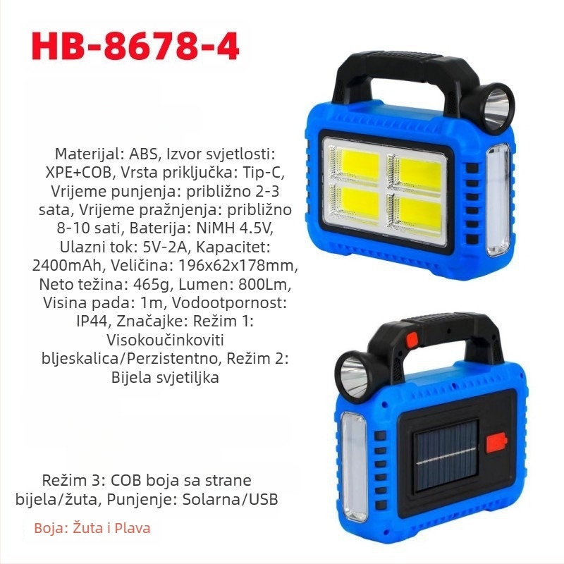 Nova višenamjenska prijenosna svjetiljka s solarnim punjenjem za vanjsku jaku rasvjetu, reflektor za hitne slučajeve, radna svjetiljka