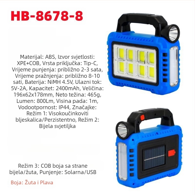 Nova višenamjenska prijenosna svjetiljka s solarnim punjenjem za vanjsku jaku rasvjetu, reflektor za hitne slučajeve, radna svjetiljka