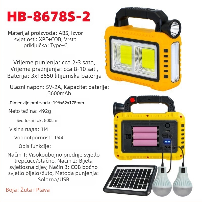 Nova višenamjenska prijenosna svjetiljka s solarnim punjenjem za vanjsku jaku rasvjetu, reflektor za hitne slučajeve, radna svjetiljka