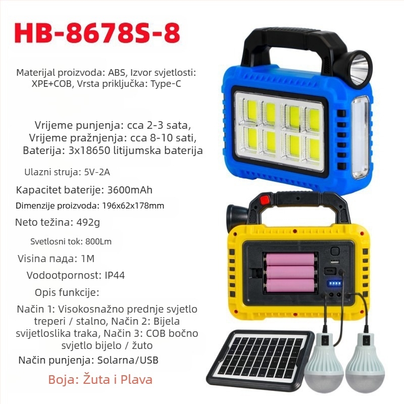 Nova višenamjenska prijenosna svjetiljka s solarnim punjenjem za vanjsku jaku rasvjetu, reflektor za hitne slučajeve, radna svjetiljka
