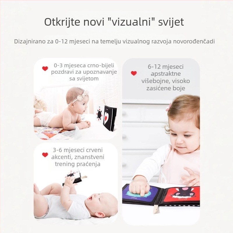 Dječja platnena knjiga s dlanom za novorođenče, crno-bijele kartice, zvučni papir, taktilna knjiga, kognitivna knjiga za rano obrazovanje sa životinjama, periva i žvakaća