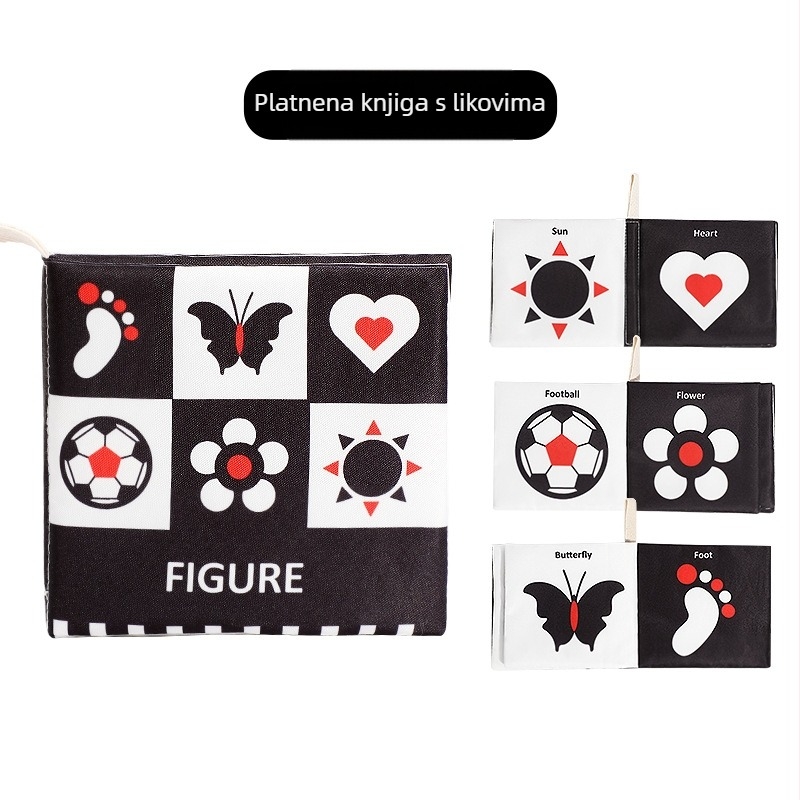 Dječja platnena knjiga s dlanom za novorođenče, crno-bijele kartice, zvučni papir, taktilna knjiga, kognitivna knjiga za rano obrazovanje sa životinjama, periva i žvakaća