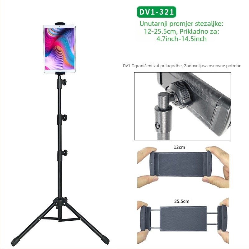 Veleprodajni stalak za tablet, podni, 12-inčni, crni tronožac, uvlačivi stalak za mobitel od 1,6 m, dostava