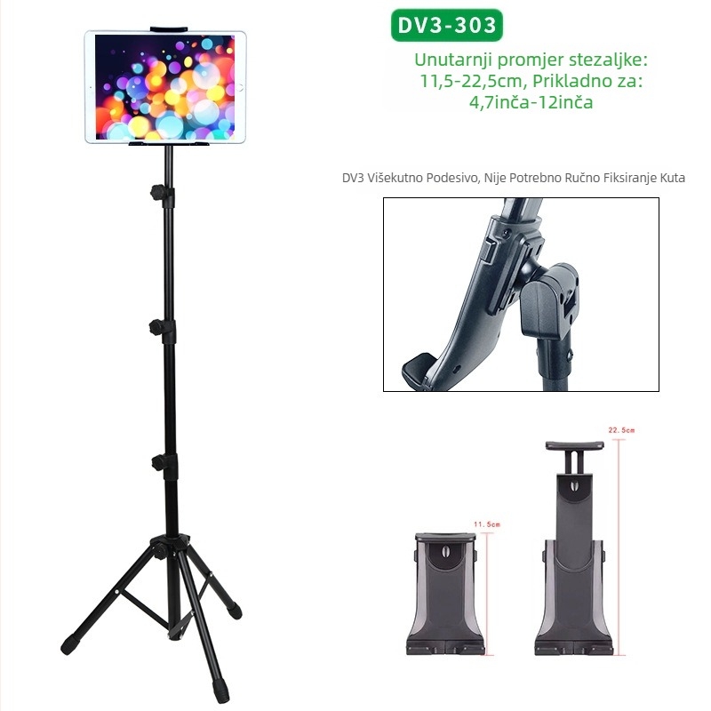 Veleprodajni stalak za tablet, podni, 12-inčni, crni tronožac, uvlačivi stalak za mobitel od 1,6 m, dostava