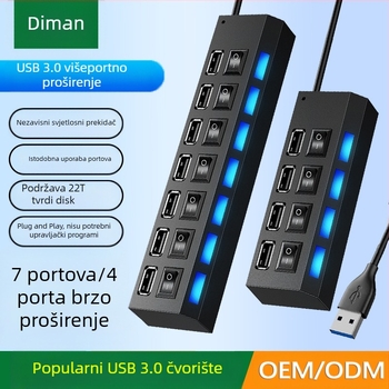 4-portni USB 3.0 hub, brzi hub, USB razdjelnik, priključna stanica, neovisni prekidač, hub od jednog do sedam, priključna stanica