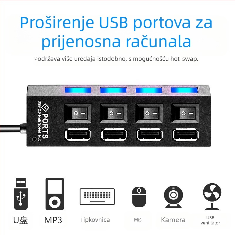 4-portni USB 3.0 hub, brzi hub, USB razdjelnik, priključna stanica, neovisni prekidač, hub od jednog do sedam, priključna stanica