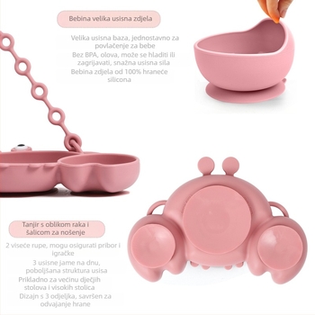 Silikonski tanjur za večeru za bebe, posuđe za dopunu dječje hrane, dječje odijelo za hranjenje, crtani tanjur s rakom i lancem protiv pada