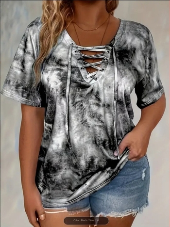 Europska i američka prekogranična Amazon Plus-Size ženska majica kratkih rukava s tie-dye printom, pletena od poliestera, elegantna s kravatom