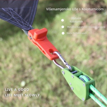 Vanjski šator, fiksno uže za vjetar, zatezač užeta za veliki šator, vjetrootporno uže, metalna kopča za podešavanje reflektirajućeg užeta