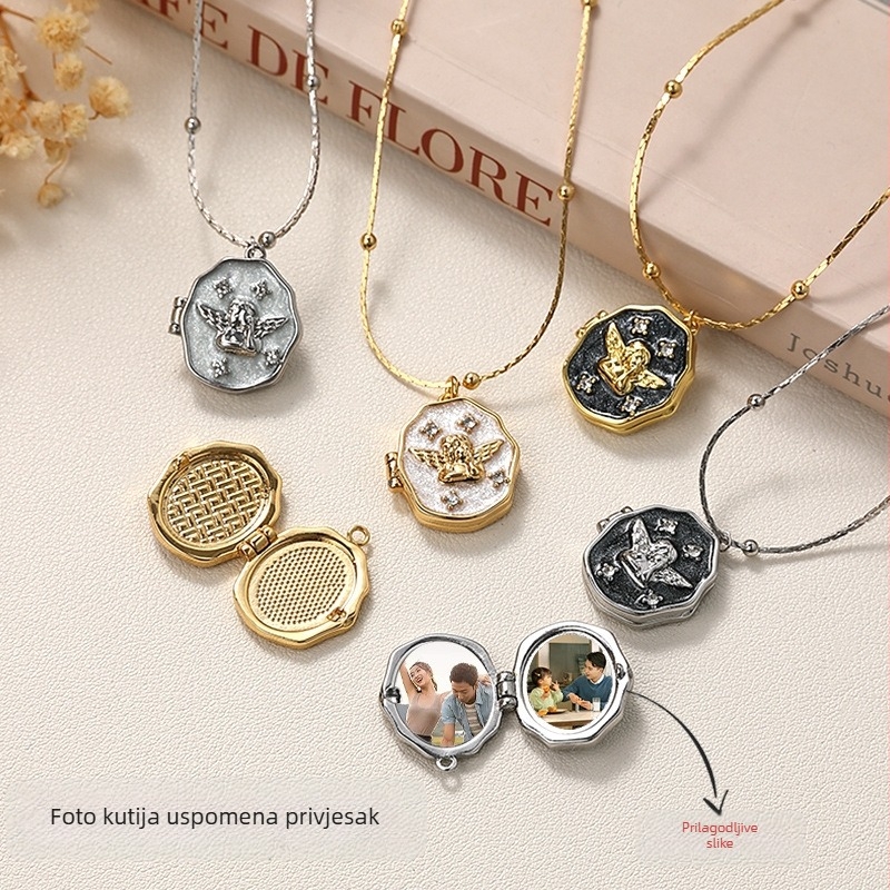 Prekogranična popularna ogrlica s kutijom za fotografije, galvanizirana, za očuvanje boje, personalizirana ogrlica s anđelom, prijenosna, otvarajuća, komemorativna ogrlica s foto albumom