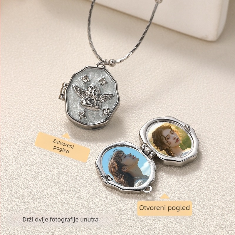 Prekogranična popularna ogrlica s kutijom za fotografije, galvanizirana, za očuvanje boje, personalizirana ogrlica s anđelom, prijenosna, otvarajuća, komemorativna ogrlica s foto albumom