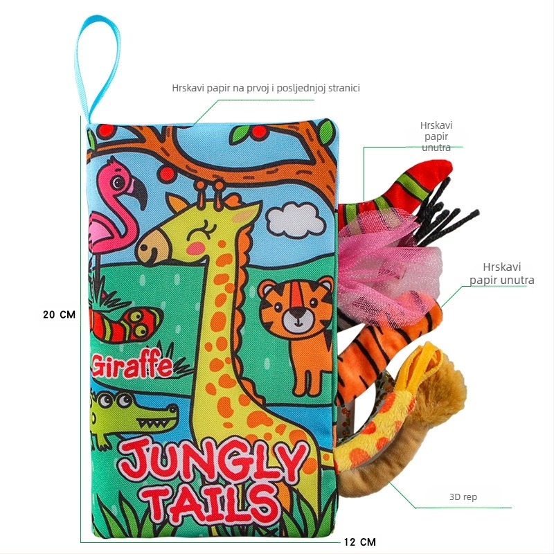 AIPINQI nova platnena knjiga s crtanim repovima životinja i zvonjavom od papira, dječja igračka, otporna na kidanje, platnena knjiga za bebe