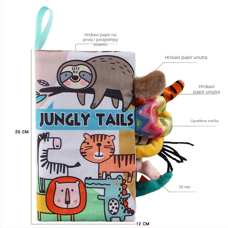 AIPINQI nova platnena knjiga s crtanim repovima životinja i zvonjavom od papira, dječja igračka, otporna na kidanje, platnena knjiga za bebe