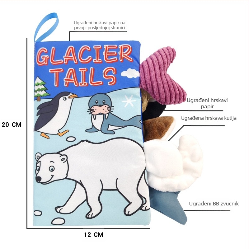 AIPINQI nova platnena knjiga s crtanim repovima životinja i zvonjavom od papira, dječja igračka, otporna na kidanje, platnena knjiga za bebe