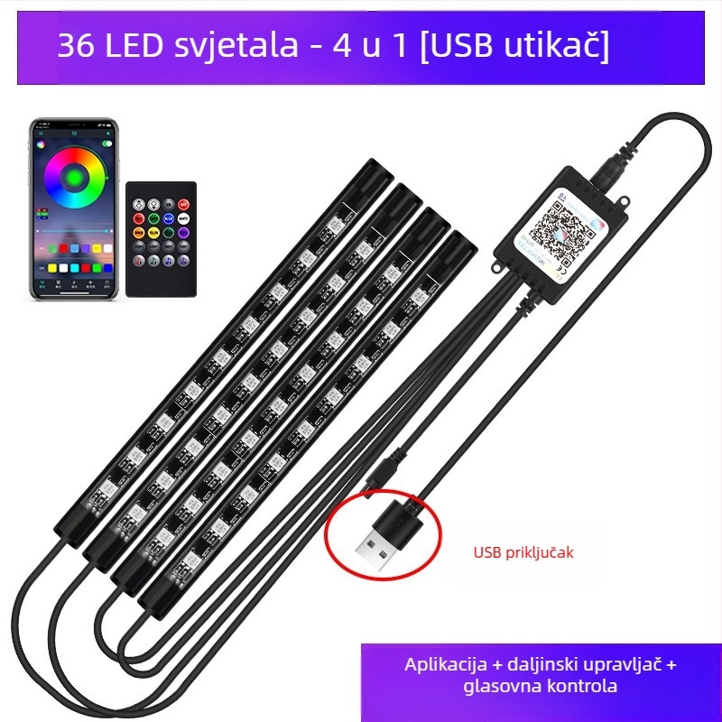 Automobilska prednja svjetla, LED šarena plinska svjetiljka, bez modifikacije unutrašnjosti automobila, USB potplat, unutarnja svjetiljka za glazbeni ritam