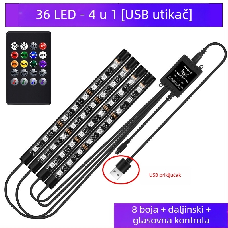 Automobilska prednja svjetla, LED šarena plinska svjetiljka, bez modifikacije unutrašnjosti automobila, USB potplat, unutarnja svjetiljka za glazbeni ritam