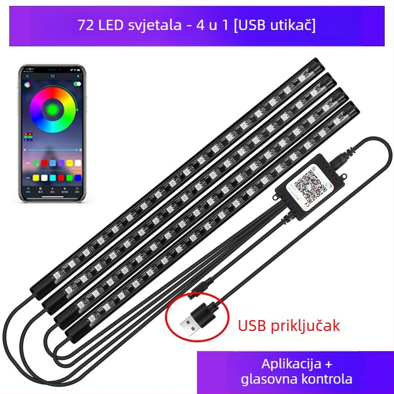 Automobilska prednja svjetla, LED šarena plinska svjetiljka, bez modifikacije unutrašnjosti automobila, USB potplat, unutarnja svjetiljka za glazbeni ritam