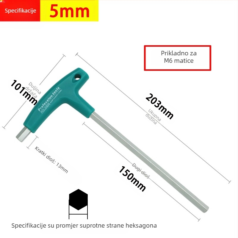 Šesterokutni ključ tipa T, jednostrani produženi metrički šesterokutni odvijač s ravnom glavom 6, kutni alat 2