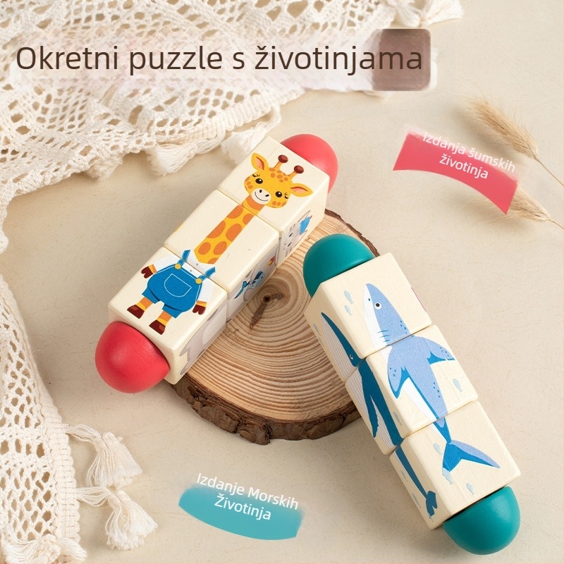 Dječja drvena rotirajuća slagalica sa životinjama, trodimenzionalni građevinski blokovi, vrtić, beba, koordinacija ruku i očiju, edukativne igračke