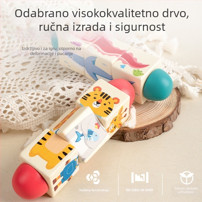 Dječja drvena rotirajuća slagalica sa životinjama, trodimenzionalni građevinski blokovi, vrtić, beba, koordinacija ruku i očiju, edukativne igračke