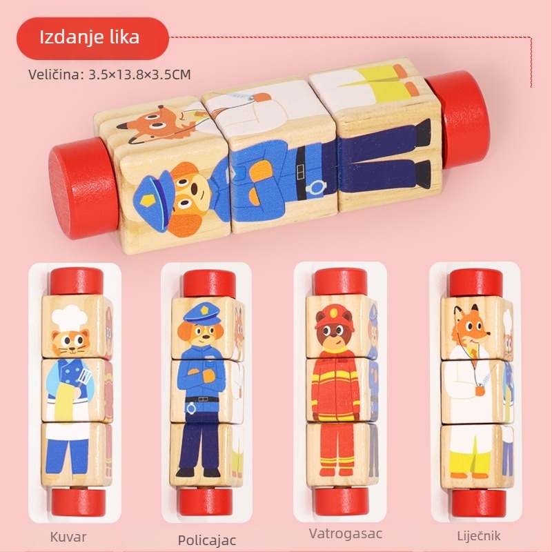 Dječja drvena rotirajuća slagalica sa životinjama, trodimenzionalni građevinski blokovi, vrtić, beba, koordinacija ruku i očiju, edukativne igračke