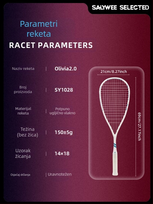 Salywee Nadograđeni Full Carbon Profesionalni Sportski Reket za Squash Olivia 2.0 Integrirani Ultra-Light 155±5g