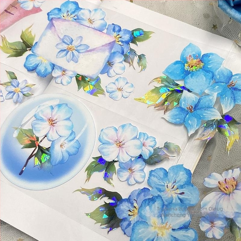 Flush konoplja naljepnica traka antikni ljubimac prekrasan plavi cvijet biljka niša ruka kolaž kontrast materijal ruka račun