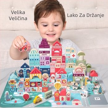 CPC dječji drveni građevinski blokovi gradski ulični pejzaž šareni lik životinja automobil veliki građevinski blokovi igračka u obliku bačve