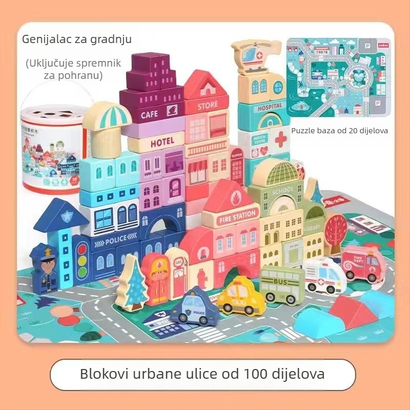 CPC dječji drveni građevinski blokovi gradski ulični pejzaž šareni lik životinja automobil veliki građevinski blokovi igračka u obliku bačve