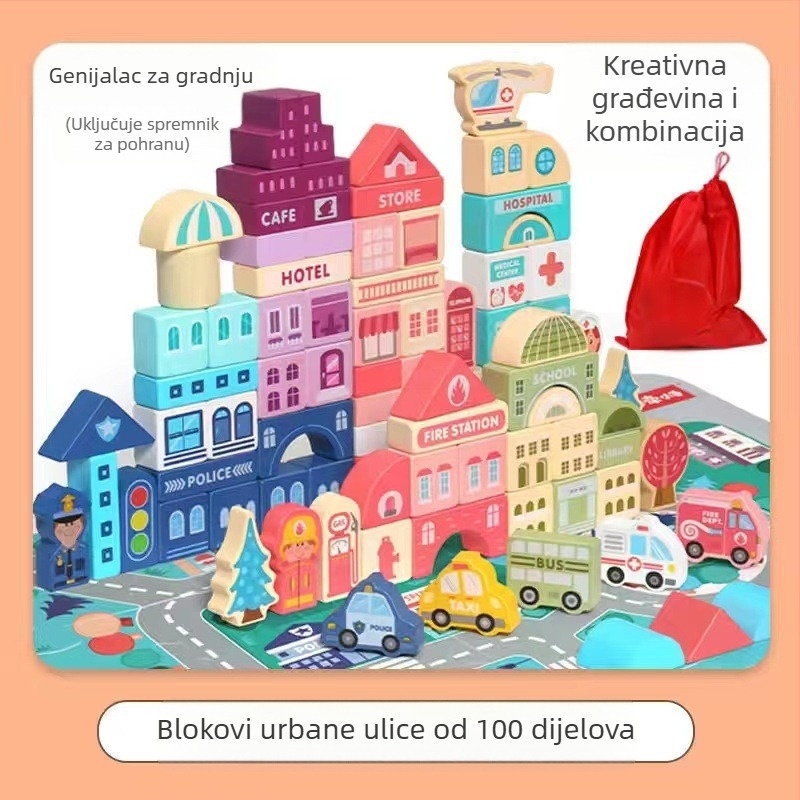 CPC dječji drveni građevinski blokovi gradski ulični pejzaž šareni lik životinja automobil veliki građevinski blokovi igračka u obliku bačve