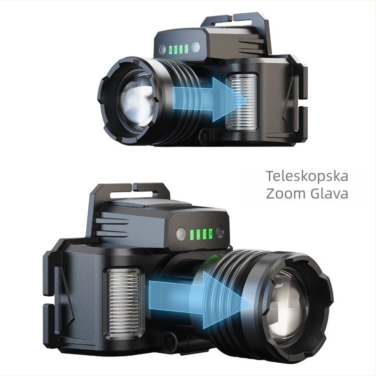 Prekogranično vruće prodavano indukcijsko bijelo lasersko USB punjenje crveno plavo bijelo LED optički zum višenamjensko vanjsko prednje svjetlo