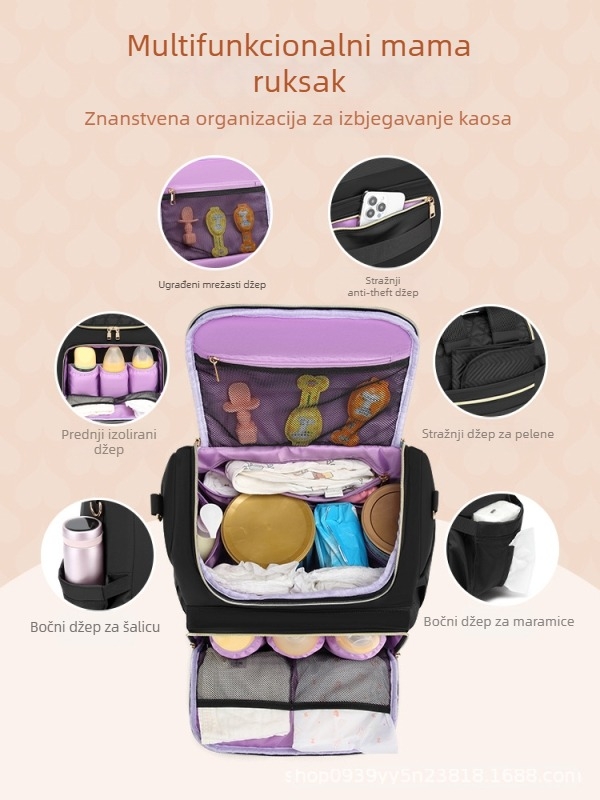 Torba za mame velikog kapaciteta, torba za pelene, torba za kolica, izolirana torba za majku i bebu s uključenim sklopivim uloškom za pelene