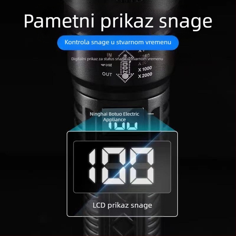 Prekogranična višenamjenska plastična svjetiljka super dugog dometa, vanjska jaka svjetiljka, zumiranje, digitalni zaslon, punjenje, P50 svjetiljka