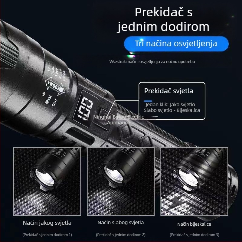 Prekogranična višenamjenska plastična svjetiljka super dugog dometa, vanjska jaka svjetiljka, zumiranje, digitalni zaslon, punjenje, P50 svjetiljka