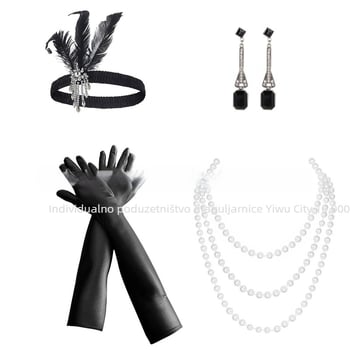Ženski komplet odijevanja Gatsby iz 1920-ih, traka za kosu s perjem, rukavice, naušnice, ogrlica, četiri dijela, za zabavu i maturalnu večer