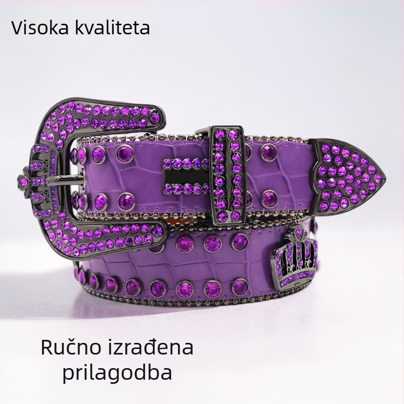 Europski i američki prekogranični remen s rhinestoneom, ženski luksuzni kožni remen s punim dijamantima, muški punk stil, modni traperice, kruna, dodaci