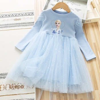 Djevojčija haljina 2025 Jesenska i zimska pamučna mrežasta haljina s dugim rukavima za bebe, haljina za djevojčice s princezom Elsom