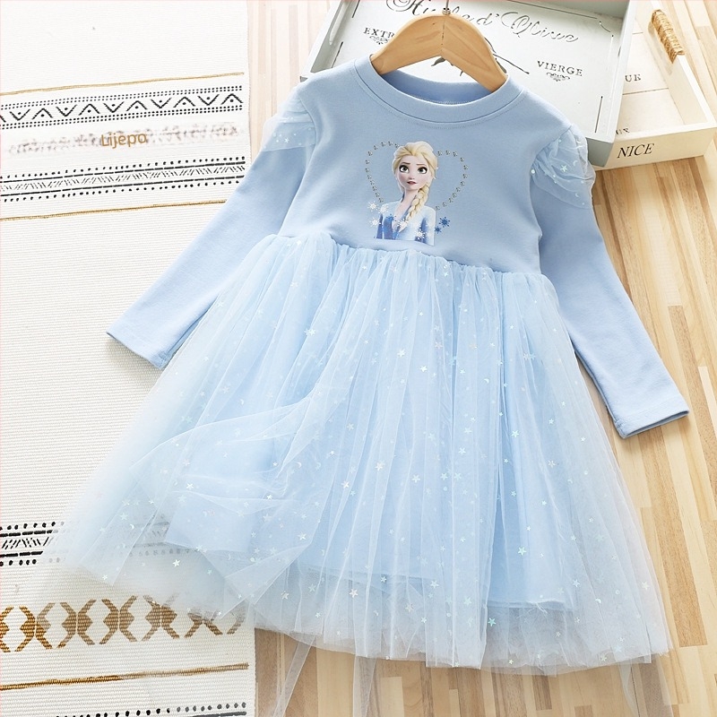 Djevojčija haljina 2025 Jesenska i zimska pamučna mrežasta haljina s dugim rukavima za bebe, haljina za djevojčice s princezom Elsom