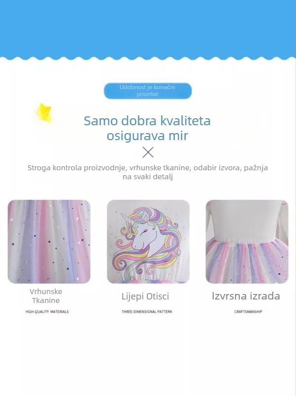 Haljina za djevojčice 2025. Proljetna i jesenska haljina s dugim rukavima i jednorogom za rođendan, dječja odjeća, dječja dugina haljina, šljokice, mrežasta haljina princeze