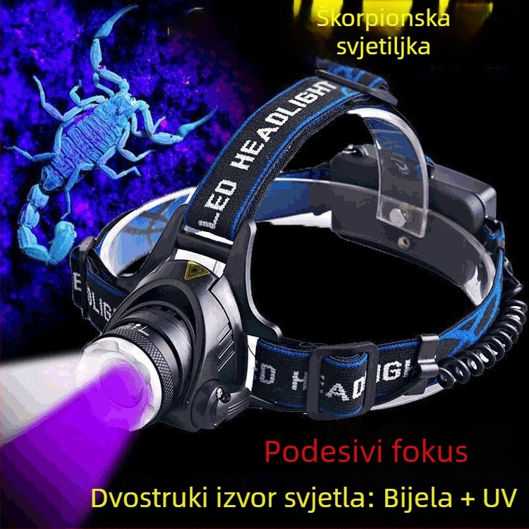 Škorpion svjetiljka dvostruke namjene namjenska škorpion svjetiljka ljubičasto svjetlo jako svjetlo super svijetlo naglavna svjetiljka za punjenje dvostruki izvor svjetla