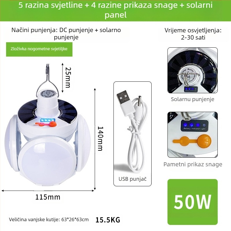 Solarna nogometna svjetiljka s pet strana sjaja, sferična, noćna tržnica, hitna rasvjeta, LED vanjska rasvjeta, sklopiva kamperska svjetiljka