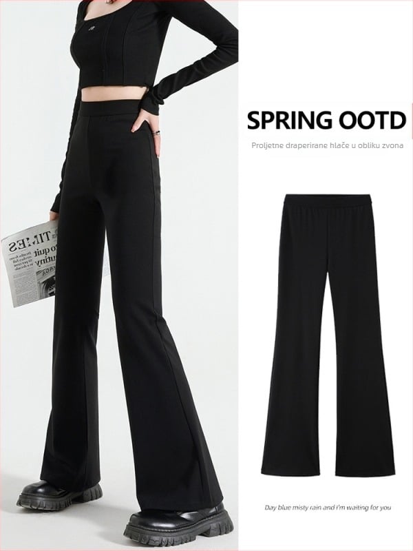 Crne mikro-zupčaste hlače za žene, jesen 2025., elastične hlače za mršavljenje, visokog struka, uske hlače s konjskim kopitima, duljine do poda, ležerne hlače za žene