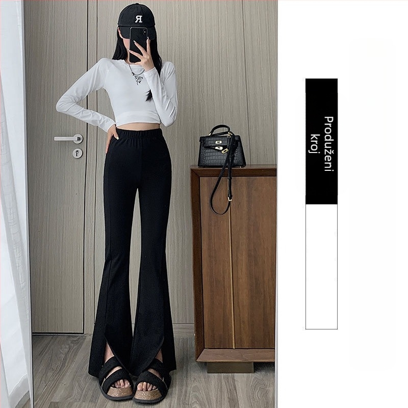 Crne mikro-zupčaste hlače za žene, jesen 2025., elastične hlače za mršavljenje, visokog struka, uske hlače s konjskim kopitima, duljine do poda, ležerne hlače za žene