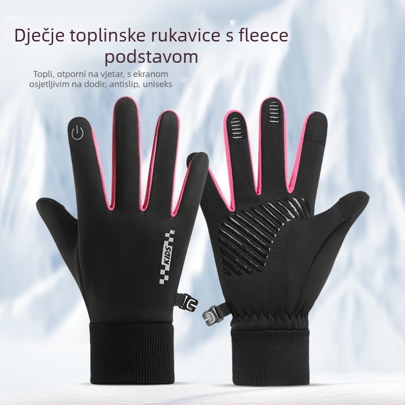 Prekogranične dječje tople rukavice za dječake i djevojčice, zimske biciklističke rukavice s flis podstavom, ekran osjetljiv na dodir, neklizajuće, otporne na hladnoću, pet prstiju za srednju i veliku djecu