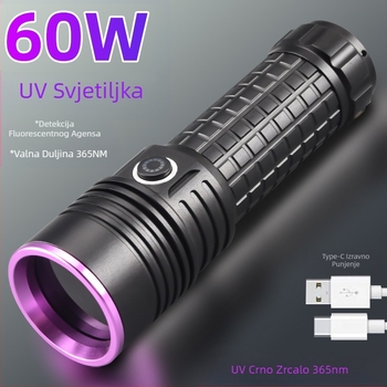 60W svjetiljka s ljubičastim svjetlom visoke snage, UV crno ogledalo, ljubičasto svjetlo, veleprodaja nakita, fluorescentno protiv krivotvorenja, otkrivanje mrlja od ulja 365Nm