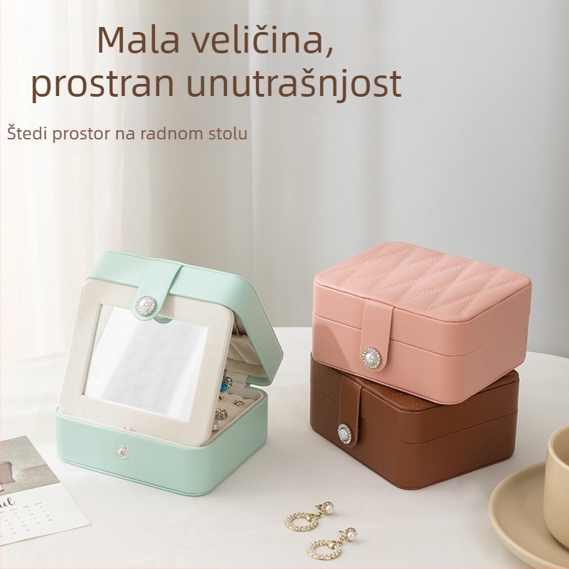 Kutija za nakit od pu kože s ogledalom, prijenosna kutija za pakiranje nakita, mala kutija za pohranu nakita s prstenjem i naušnicama u korejskom stilu