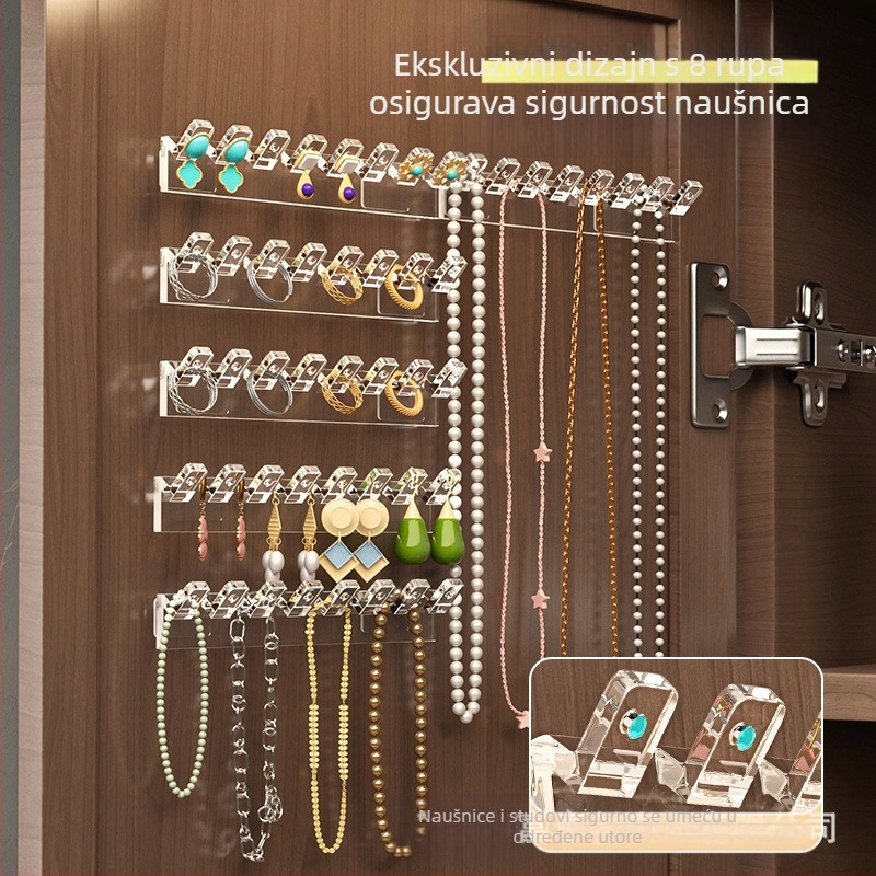Zidni stalak za nakit s ogledalom i stražnjom stranom vrata ormarića, viseći lanac za naušnice s kukama, kuke za nizove i lančiće, protiv zapetljavanja, bez bušenja
