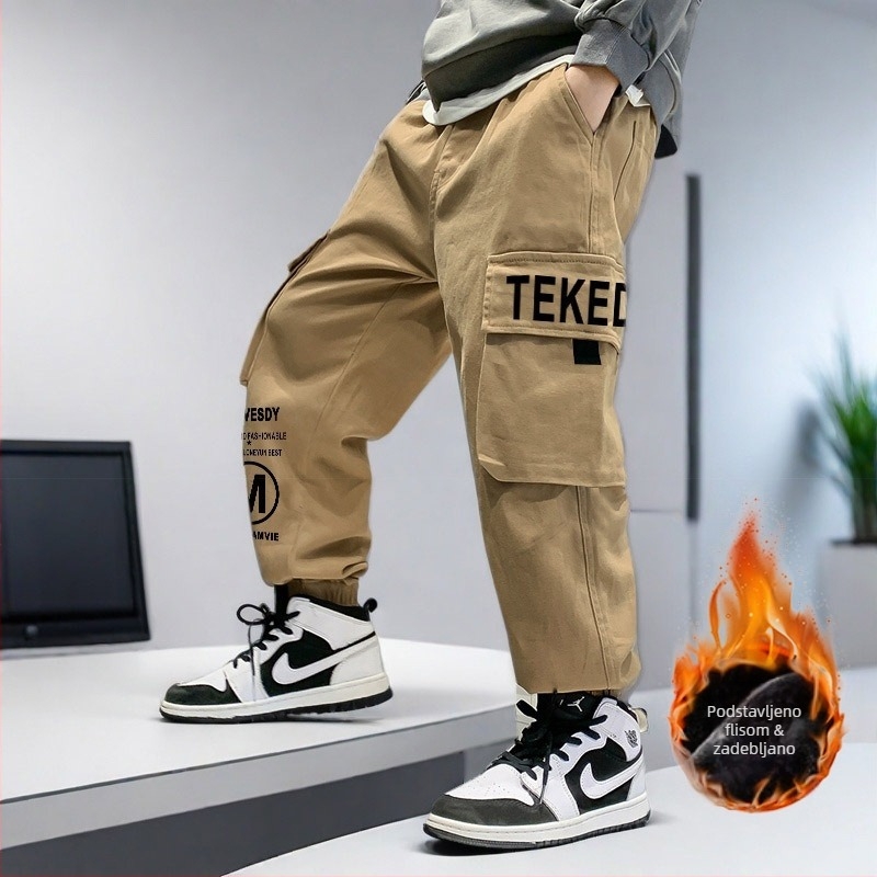 Dječje jesenske i zimske hlače s flis podstavom, zadebljane, udobne, univerzalne, ležerne, modne, elegantne, za dječake, dječja odjeća, hlače za stopala, zgodne